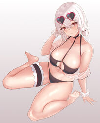  azur_lane bare_shoulders bikini black_bikini black_footwear blush breasts cleavage collarbone eyewear_on_head female gatchapowa heart heart-shaped_eyewear highres large_breasts looking_at_viewer official_alternate_costume red_eyes short_hair sirius_(azur_lane) sirius_(scorching-hot_seirios)_(azur_lane) solo sunglasses swimsuit white_hair 