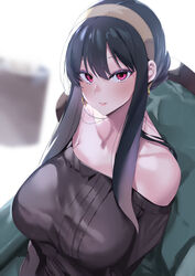  bad_id bad_pixiv_id bare_shoulders black_hair black_shirt breasts collarbone earrings female gold_earrings hairband highres jewelry large_breasts lips looking_at_viewer noto_kurumi off-shoulder_shirt off_shoulder parted_lips red_eyes shirt sitting solo spy_x_family upper_body yor_briar 