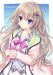  9-nine- blue_eyes bow brown_hair closed_mouth collarbone commentary_request dress female grey_sailor_collar hagino_kouta hair_between_eyes hair_ornament jacket kujou_miyako long_hair long_sleeves looking_at_viewer open_clothes open_jacket pink_bow pink_jacket sailor_collar sailor_dress sleeves_past_wrists smile solo twitter_username very_long_hair white_dress 