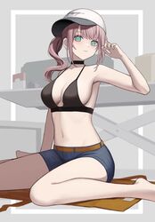  ar-57_(girls&#039;_frontline) armpits bare_arms bare_legs bare_shoulders barefoot baseball_cap belt bikini black_bikini black_choker blue_shorts breasts choker cleavage commission denim denim_shorts ear_piercing earrings expressionless female girls&#039;_frontline green_eyes halterneck hand_up hat highres jewelry kawara_pigeon legs long_hair looking_at_viewer medium_breasts navel parted_lips piercing pink_hair ponytail short_shorts shorts sidelocks sideways_hat sitting solo stomach string_bikini swimsuit thighs wariza white_hat 