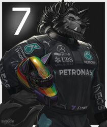  2023 armor beard canid canine canis clothed clothing deaddragonp digital_drawing_(artwork) digital_media_(artwork) facial_hair hair headgear helmet hi_res male mammal mercedes-benz puma_(company) purple_eyes racing_suit simple_background solo standing tail wolf 