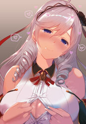  algerie_(azur_lane) arito_arayuru azur_lane bare_shoulders black_flower black_rose blush breasts button_gap chinese_commentary collared_shirt commentary_request detached_sleeves drill_hair female flower grey_hair hair_flower hair_ornament heart highres large_breasts long_hair looking_at_viewer mole mole_under_eye no_bra paizuri_invitation partially_unbuttoned purple_eyes red_ribbon ribbon rose shirt simple_background smile solo spoken_heart twin_drills upper_body white_shirt 