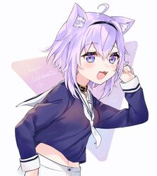  :d ahoge alternate_costume animal_ear_fluff animal_ears black_choker blue_shirt blush breasts cat_ears character_name choker commentary cowboy_shot eyelashes female hair_between_eyes hairband highres hololive light_purple_hair looking_at_viewer medium_breasts midriff nana_kagura navel nekomata_okayu nekomata_okayu_(casual) oerba_yun_fang official_alternate_costume open_mouth pants purple_eyes school_uniform serafuku shirt short_hair simple_background smile solo virtual_youtuber white_background white_pants 