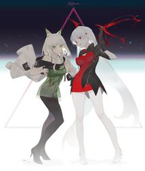  2girls :d absurdres animal_ear_fluff animal_ears arknights asymmetrical_hair bad_id bad_pixiv_id bare_shoulders black_footwear black_gloves black_jacket black_legwear bodystocking bra_strap braid breasts closed_mouth contrapposto crown_braid demon_wings dress earrings falling finger_on_trigger full_body gloves green_dress green_eyes gun hair_ornament hairpin handgun head_tilt high_heels highres holding holding_gun holding_weapon hoshimawa jacket jacket_over_shoulder jewelry kal&#039;tsit_(arknights) large_breasts long_hair material_growth medium_breasts multiple_girls off_shoulder open_mouth oripathy_lesion_(arknights) pantyhose pointy_ears red_dress red_eyes red_sweater ribbed_sweater scales see-through shell_casing short_dress short_sleeves sidelocks skeletal_wings smile smoke standing stud_earrings sweater sweater_dress thighhighs toeless_footwear triangle two-tone_background unworn_jacket very_long_hair warfarin_(arknights) weapon white_footwear white_hair white_jacket white_thighhighs wings x_hair_ornament 