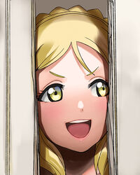  :d a1_(initial-g) birthday blonde_hair braid broken_door crown_braid evil_smile eyelashes female glance green_eyes hair_rings here&#039;s_johnny!_(meme) hole_in_wall looking_to_the_side love_live! love_live!_sunshine!! meme ohara_mari open_mouth parody portrait smile solo tareme the_shining v-shaped_eyebrows yellow_eyes 