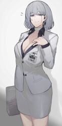  absurdres amirun bandaged_neck bandages blazer breasts cleavage closed_mouth collarbone commentary feet_out_of_frame female formal girls&#039;_frontline grey_hair grey_jacket grey_skirt grey_suit hand_on_breast headphones highres holding_case jacket looking_at_viewer medium_breasts medium_hair office_lady official_alternate_costume official_style purple_eyes purple_shirt rpk-16_(girls&#039;_frontline) rpk-16_(renate)_(girls&#039;_frontline) shirt skirt smile solo standing suit white_background 