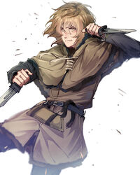  1boy absurdres blonde_hair cchrisgalantee dual_wielding fighting_stance highres holding holding_weapon knife male_focus short_hair thorfinn tunic viking vinland_saga weapon yellow_eyes 