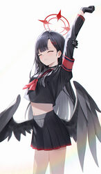  ^_^ absurdres armband arms_up bbul_horn black_choker black_gloves black_hair black_serafuku black_wings blue_archive blush choker closed_eyes commentary cropped_shirt feathered_wings female gloves halo highres holding_own_arm ichika_(blue_archive) long_sleeves midriff navel neckerchief pleated_skirt red_armband red_halo red_neckerchief school_uniform serafuku simple_background skirt smile solo white_background wings 