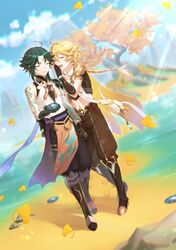  2boys aether_(genshin_impact) ahoge ar_(rikuesuto) arm_tattoo beach bead_necklace beads black_hair blonde_hair braid closed_eyes closed_mouth cloud cloudy_sky crop_top facial_mark forehead_mark genshin_impact gloves green_gloves green_hair hair_between_eyes holding jewelry long_hair male_focus multicolored_hair multiple_boys necklace open_mouth outdoors pants simple_background sky tattoo tree twitter_username xiao_(genshin_impact) 