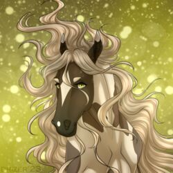  1:1 2023 ambiguous_gender blonde_hair blonde_mane bust_portrait digital_media_(artwork) drizer equid equine facial_markings female_(lore) feral hair head_markings hi_res horse looking_at_viewer mammal mane markings multicolored_body portrait simple_background solo sombra_silverhooves_(wasen) two_tone_body yellow_eyes 