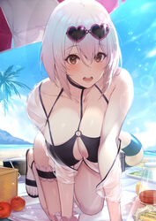  absurdres all_fours azur_lane beach beach_mat beach_umbrella bikini black_bikini black_footwear blue_sky blush breasts choker cleavage cloud collarbone day eyewear_on_head female food hair_between_eyes heart heart-shaped_eyewear highres kakage large_breasts light_particles looking_at_viewer manjuu_(azur_lane) navel o-ring o-ring_top official_alternate_costume open_mouth outdoors red_eyes sandals scrunchie see-through shirt short_hair sirius_(azur_lane) sirius_(scorching-hot_seirios)_(azur_lane) sky solo summer sunglasses swimsuit thigh_strap umbrella white_hair white_scrunchie wrist_scrunchie 