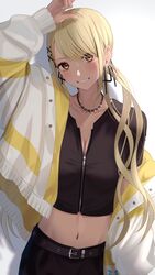  belt blonde_hair breasts cleavage collarbone crop_top dark-skinned_female dark_skin female grin hair_ornament hairclip highres inaka_44 jacket jacket_partially_removed jewelry kaminari_qpi kaminari_qpi_(2nd_costume) long_hair looking_at_viewer midriff navel necklace orange_eyes partially_unzipped simple_background smile solo twintails virtual_youtuber vspo! white_background x_hair_ornament 