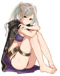  alternate_hairstyle barefoot belt bikini breasts brown_eyes cleavage closed_mouth coat crossed_arms female fire_emblem fire_emblem_awakening fire_emblem_heroes haru_(nakajou-28) knees_up looking_at_viewer medium_breasts official_alternate_costume purple_bikini robin_(female)_(fire_emblem) robin_(female)_(summer)_(fire_emblem) robin_(fire_emblem) simple_background sitting solo swimsuit thigh_strap twintails white_background white_hair 