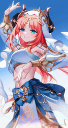  arm_up armpit_cutout armpits blue_eyes blue_nails breasts clothing_cutout commentary cowboy_shot crop_top dancer fake_horns female genshin_impact grin highres horns kh_(kh_1128) long_hair long_sleeves looking_at_viewer low_twintails medium_breasts midriff nail_polish navel nilou_(genshin_impact) red_hair revealing_clothes smile solo standing stomach symbol-only_commentary twintails veil 