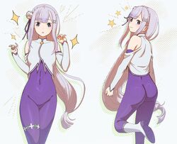  ae_(im_aedf) ass bare_shoulders braid closed_mouth commentary cosplay covered_navel crown_braid elf emilia_(re:zero) english_commentary female flower fortuna_(re:zero) fortuna_(re:zero)_(cosplay) hair_flower hair_ornament hair_ribbon highres leg_up light_blush long_hair looking_at_viewer multiple_views parted_lips pointy_ears purple_eyes purple_ribbon re:zero_kara_hajimeru_isekai_seikatsu ribbon rose skin_tight smile sparkle standing standing_on_one_leg very_long_hair white_background white_flower white_hair white_rose x_hair_ornament 