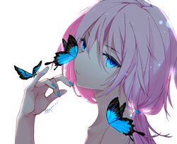  arknights bare_shoulders blue_butterfly blue_eyes blue_hair blue_poison_(arknights) bow bug butterfly closed_mouth collarbone female hair_between_eyes hairbow hand_up highres long_hair looking_at_viewer looking_to_the_side nid417 ponytail portrait sidelocks signature solo three_quarter_view white_background 