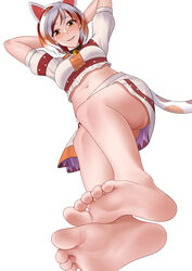  absurdres animal_ears arms_up barefoot bell calico cat_ears cat_girl cat_tail chinese_commentary commentary crop_top feet female foot_focus foreshortening goutokuji_mike highres jingle_bell looking_at_viewer maneki-neko medium_skirt midriff multicolored_clothes multicolored_hair multicolored_shirt multicolored_skirt multicolored_tail neck_bell oirin orange_eyes patch patchwork_clothes short_hair short_sleeves simple_background skirt soles solo stomach streaked_hair tail toes touhou white_background white_hair 