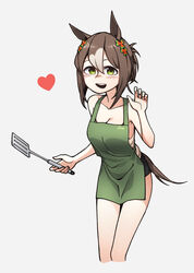  animal_ears apron bare_shoulders brown_hair clover_hair_ornament collarbone commentary female fine_motion_(umamusume) green_eyes grey_background hair_bun hair_ornament highres holding holding_spatula horse_ears horse_girl horse_tail light_brown_hair neonfloyd sidelocks simple_background single_hair_bun solo spatula tail umamusume 