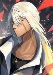  1boy absurdres blonde_hair blue_eyes commentary_request dark-skinned_male dark_skin god_eater god_eater_3 hair_over_one_eye highres jewelry long_hair male_focus necklace one_eye_closed popped_collar scar scar_across_eye scar_on_face solo soma_schicksal tobi_(pixiv41237754) 