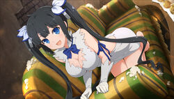  arm_ribbon barefoot black_hair blue_eyes blue_ribbon blush breasts broken_furniture cleavage cleavage_cutout clothing_cutout couch damaged dress dungeon_ni_deai_wo_motomeru_no_wa_machigatteiru_darou_ka female food gloves hair_ornament hair_ribbon hestia_(danmachi) large_breasts long_hair looking_at_viewer official_art on_couch open_mouth pencil_dress rei_no_himo ribbon senran_kagura senran_kagura_new_link smile solo twintails white_dress white_gloves yaegashi_nan 