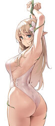  armpits arms_up ass bare_shoulders blonde_hair blue_eyes blush bound breasts closed_mouth commentary_request elf female flower hair_between_eyes hair_flower hair_ornament highres kekemotsu leaf leotard long_hair looking_at_viewer medium_breasts original pointy_ears restrained rope sideboob simple_background solo white_background white_leotard 