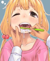  1boy blonde_hair blue_background blush brown_eyes brushing_another&#039;s_teeth brushing_teeth cheek_press collarbone commentary_request dripping female fingernails futaba_anzu hair_bobbles hair_ornament highres idolmaster idolmaster_cinderella_girls long_hair looking_at_viewer low_twintails one_eye_closed open_mouth outline pink_shirt pov pov_hands shirt simple_background solo_focus squeans tadanoshi_kabane teeth tongue twintails upper_body uvula white_outline 