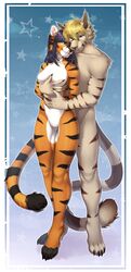  2020 anthro bastika black_stripes blonde_hair breasts digital_media_(artwork) domestic_cat duo eyebrows eyelashes featureless_breasts featureless_crotch felid feline felis female fur hair hi_res male mammal nude orange_body orange_fur pantherine smile striped_body striped_fur stripes tiger 