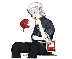  1boy absurdres al3x_alex alchemy_stars bandage_over_one_eye black_pants blood blood_bag blue_eyes cross cross_earrings earrings hand_on_own_chin highres holding jewelry male_focus nails_(alchemy_stars) open_mouth pants short_hair short_sleeves simple_background sitting white_background white_hair 