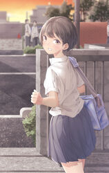  12_graka bag blush brown_eyes brown_hair commentary female grin looking_at_viewer looking_back miniskirt original outdoors road school_uniform short_hair shoulder_bag skirt smile solo street sunset tan walking 