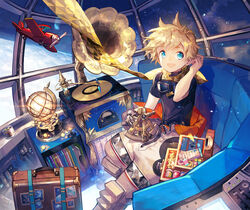  1boy aircraft airplane black_shirt blonde_hair blue_eyes briefcase cupboard fate/grand_order fate/requiem fate_(series) globe goggles goggles_around_neck in_orbit lamp male_focus night night_sky phonograph photoshop_(medium) planet record scarf scorpion5050 sextant shirt sky smile solo space spacesuit star_(sky) starry_sky suitcase voyager_(fate) voyager_(third_ascension)_(fate) yellow_scarf 