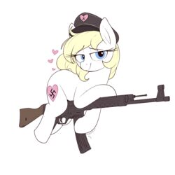  1:1 absurd_res alpha_channel aryanne_(character) bedroom_eyes clothing equid equine fan_character female feral gun hasbro hat headgear headwear heart_symbol hi_res horse mammal my_little_pony narrowed_eyes nazi nude pony ranged_weapon seductive shinodage simple_background solo stg-44 swastika transparent_background weapon 