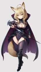  ahoge animal_ear_fluff animal_ears arm_guards armor armored_boots azure-maya blonde_hair boots breasts cape cleavage cleavage_cutout closed_mouth clothing_cutout commission concealed_weapon detached_sleeves female fox_ears fox_girl fox_tail full_body grey_background hair_between_eyes highleg highleg_leotard highres holding holding_sword holding_weapon hood hooded_cape knee_boots large_breasts leotard long_hair looking_at_viewer o-ring original pixiv_commission purple_leotard purple_thighhighs sheath sidelocks simple_background smile solo standing sword sword_cane tail thighhighs thighhighs_under_boots unsheathing weapon yellow_eyes 