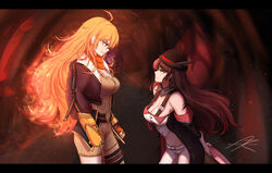  2girls absurdres ahoge belt_buckle blonde_hair bomber_jacket bowler_hat breasts brown_hair buckle cleavage clenched_hands commentary confrontation cropped_jacket english_commentary faceoff fiery_hair fingerless_gloves fur_collar gloves hat height_difference highres holding holding_umbrella jacket large_breasts leaning_forward letterboxed long_hair mechanical_arms medium_breasts moddedjoker multicolored_hair multiple_girls navel neo_politan orange_scarf pants pink_hair prosthesis prosthetic_arm red_eyes rwby scarf shorts signature single_mechanical_arm smirk suspenders thigh_strap two-tone_hair umbrella yang_xiao_long 