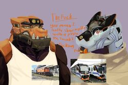  2023 absurd_res air_horn anthro batrixy bedding belly black_markings blanket blue_markings blue_stripes brown_belly brown_body brown_eyebrows caution_stripes chevron_(marking) clothing diesel-electric_locomotive diesel_locomotive diesel_railcar digital_media_(artwork) digital_painting_(artwork) dragon duo english_text exposed_teeth eyebrows eyewear facial_spikes frown ge_u14c general_electric glasses grey_markings grumpy half-length_portrait headlights hi_res how_to_dragon_your_train hybrid jaw_spikes living_machine living_train living_vehicle locomorph locomotive logo machine male markings meme multicolored_body muscular muscular_anthro muscular_arms muscular_male mythological_creature mythological_scalie mythology number orange_body orange_markings orange_text overbite passenger_train philippine_national_railways philippines photo pnr_8000_class portrait profanity pt_inka pupils purple_background railcar red_eyes reference_image reptile scales scalie scowl shirt simple_background sleeveless_shirt spikes spikes_(anatomy) striped_body striped_scales stripes tank_top teeth text topwear train tusks two_tone_body underbite vehicle white_body white_clothing white_eyewear white_glasses white_shirt white_spikes white_tank_top white_topwear yellow_eyes yellow_markings yellow_pupils 