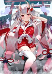  bad_id bad_pixiv_id blush colored_tips commentary_request cup female gradient_legwear highres holding holding_cup hololive horns karma_(nakiri_ayame) long_hair long_sleeves looking_at_viewer multicolored_hair nakiri_ayame nakiri_ayame_(shrine_maiden) nontraditional_miko official_alternate_costume outdoors parted_lips pink_hair red_eyes red_hair ribbon-trimmed_sleeves ribbon_trim sakazuki shinka_(yonkun121) shiranui_(nakiri_ayame) skin-covered_horns streaked_hair torii very_long_hair virtual_youtuber white_hair wide_sleeves yagasuri zettai_ryouiki 