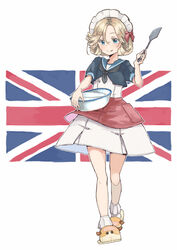  apron black_neckwear blonde_hair blue_eyes blue_sailor_collar bowl dress female full_body holding holding_spatula janus_(kancolle) kantai_collection left-handed maid_headdress matsutani parted_bangs potato_(pui_pui_molcar) pui_pui_molcar red_apron sailor_collar sailor_dress slippers solo spatula union_jack white_dress 