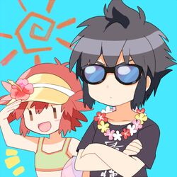  1boy alan_(pokemon) ball beachball bikini black_hair blue_background crossed_arms female flower hair_flower hair_ornament kanji lei lowres manon_(pokemon) mei_(maysroom) open_mouth pokemon pokemon_(anime) pokemon_xy_(anime) red_hair serious simple_background sun_(symbol) sunglasses swimsuit tagme visor 