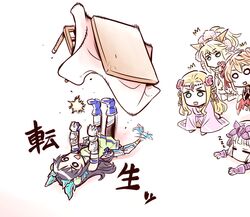  5girls :d :o animal_ears black_hair blonde_hair blush_stickers boots chibi china_dress chinese_clothes dragon_tail dress gauntlets hair_ornament haku_(p&amp;d) highres ishiyumi karin_(p&amp;d) kotatsu leilan_(p&amp;d) meimei_(p&amp;d) multiple_girls purple_hair puzzle_&amp;_dragons red_hair sakuya_(p&amp;d) smile table tail tail_wagging wings 