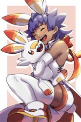  1boy :d absurdres aged_down alternate_costume bare_shoulders blush closed_eyes commentary_request cosplay dark-skinned_male dark_skin elbow_gloves eyelashes gloves highres holding holding_pokemon leg_up leon_(pokemon) long_hair male_focus open_mouth pokemon pokemon_(creature) pokemon_swsh purple_hair scorbunny scorbunny_(cosplay) shoes smile teeth thighhighs tongue white_footwear white_gloves white_legwear yunoru 