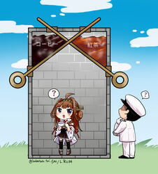  1boy ? admiral_(kancolle) ahoge black_hair blunt_bangs blush_stickers brown_hair chibi coffee commentary_request cup detached_sleeves double_bun escape_ad female gloves hair_bun hat headgear hero_rescue highres holding holding_cup kantai_collection kongou_(kancolle) kongou_kai_ni_(kancolle) long_hair lr_hijikata military military_uniform naval_uniform nontraditional_miko parody peaked_cap pleated_skirt short_hair skirt spoken_question_mark tea thighhighs translated twitter_username uniform white_gloves 