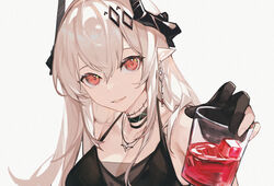  arknights black_choker black_gloves breasts choker cleavage commentary_request cross cross_necklace cup drinking_straw fanshu female gloves grey_background highres holding holding_cup horns infection_monitor_(arknights) jewelry large_breasts long_hair looking_at_viewer mudrock_(arknights) necklace parted_lips pointy_ears red_eyes simple_background smile solo spaghetti_strap upper_body white_hair 