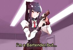  absurdres after_war_gundam_x amano_shizuku bartender english_text female gun gundam handgun highres holding holding_gun holding_weapon i&#039;m_a_healer_but..._(meme) jill_stingray long_hair looking_at_viewer meme necktie purple_hair red_eyes solo subtitled va-11_hall-a weapon 