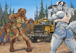  2022 anthro ass bared_teeth beaver biceps binoculars bottomwear breasts canid canine canis chainsaw cleavage clothed clothing crop_top cutoffs denim denim_bottomwear denim_clothing domestic_dog duo_focus eye_patch eyewear female fist_in_palm forest group hotchkisstank imminent_fight log mammal mockery muscular muscular_anthro muscular_female open_mouth outside plant power_tool rodent self_grope shirt shorts thick_thighs tools topwear tree under_boob wolf wood 