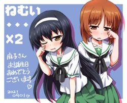  2girls bandana birthday black_hair black_neckwear blouse blue_bandana border brown_eyes brown_hair commentary dated girls_und_panzer green_skirt hairband half-closed_eye half-closed_eyes happy_birthday heart highres inoue_kouji light_frown long_hair long_sleeves looking_at_viewer miniskirt multiple_girls neckerchief nishizumi_miho one_eye_closed ooarai_school_uniform open_mouth outside_border pleated_skirt reizei_mako rubbing_eyes sailor_collar school_uniform serafuku shadow shirt short_hair skirt sleepy standing translated white_border white_hairband white_sailor_collar white_shirt 