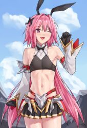  1boy armor astolfo_(fate) astolfo_(saber)_(fate) bare_shoulders belt black_gloves black_shirt black_skirt blush bow bowtie crop_top crossdressing detached_sleeves elbow_gloves fate/grand_order fate_(series) faulds gloves hair_intakes hair_ribbon hairbow long_hair looking_at_viewer low_twintails male_focus midriff multicolored_hair navel one_eye_closed open_mouth otoko_no_ko pink_hair purple_eyes ribbon sarhce shirt skirt smile solo streaked_hair thighs twintails white_hair wide_sleeves 