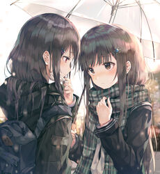  2girls absurdres adjusting_scarf backpack bag black_jacket black_scarf blush brown_eyes brown_jacket commentary enpera eye_contact green_scarf hair_flowing_over hair_ornament hairclip highres holding holding_umbrella hood hooded_jacket huwari_(dnwls3010) jacket long_hair long_sleeves looking_at_another mask mask_pull mouth_mask multiple_girls original plaid plaid_scarf scarf school_uniform shared_umbrella snowflake_hair_ornament surgical_mask transparent transparent_umbrella umbrella uniform yuri 