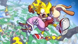  16:9 action_pose action_scene anthro ass atmospheric_perspective breasts bridal_carry carrying_another clothed clothing debris duo eulipotyphlan falling falling_object female fire fur hedgehog hi_res lagomorph leporid male mammal open_mouth pose rabbit rescue sega sky skydiving skyscape sonic_advance_2 sonic_the_hedgehog sonic_the_hedgehog_(series) space super_form super_sonic tan_body tan_fur tighesammy vanilla_the_rabbit water widescreen yellow_body yellow_fur 