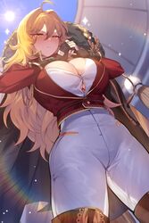  ahoge aiguillette blonde_hair blush breasts bursting_breasts button_gap cape choker cleavage cleavage_cutout clothing_cutout commentary_request cropped_jacket female fingerless_gloves fist_in_hand frown fur-trimmed_cape fur_trim gloves gold_trim high-waist_pants highres jacket korean_commentary large_breasts long_hair looking_at_viewer looking_down mendou_kusai narrowed_eyes original pants pants_tucked_in red_jacket shinai solo sparkle sun sweatdrop sword tassel thighs tight_clothes tight_pants wavy_hair weapon white_pants yellow_eyes 