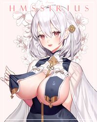  azur_lane bad_id bad_pixiv_id bare_shoulders braid breast_curtains breasts character_name china_dress chinese_clothes dambang dress female flower grey_dress hair_between_eyes hair_ornament highres large_breasts medium_hair official_alternate_costume pulling_own_clothes red_eyes revealing_clothes ribbon_between_breasts see-through see-through_sleeves side_braid simple_background sirius_(azur_lane) sirius_(azure_horizons)_(azur_lane) sleeveless sleeveless_dress solo two-tone_leotard white_hair 