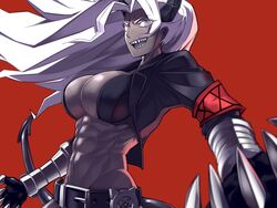  abs armband bad_id bad_pixiv_id belt black_horns breasts colored_skin commentary dark-skinned_female dark_skin demon_girl demon_horns demon_tail female from_side gauntlets grey_skin helltaker horns jacket judgement_(helltaker) large_breasts long_hair looking_at_viewer muscular navel parted_bangs red_background sharp_teeth simple_background smile solo tail teeth ub1mo white_eyes white_hair 